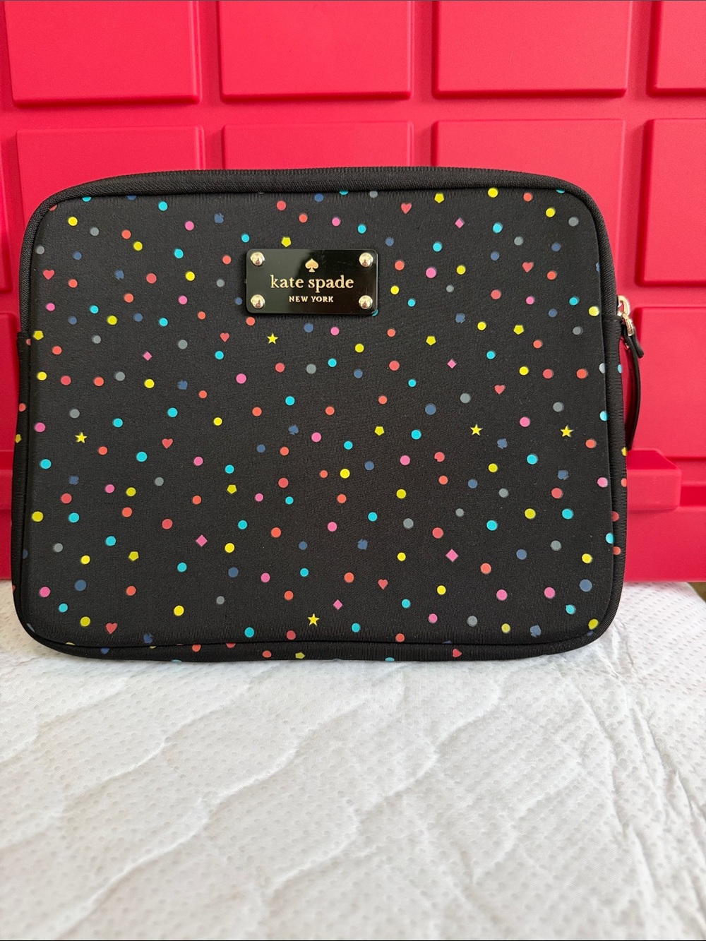 kate spade Black Tablet Sleeve with Multicolor Confetti Dots